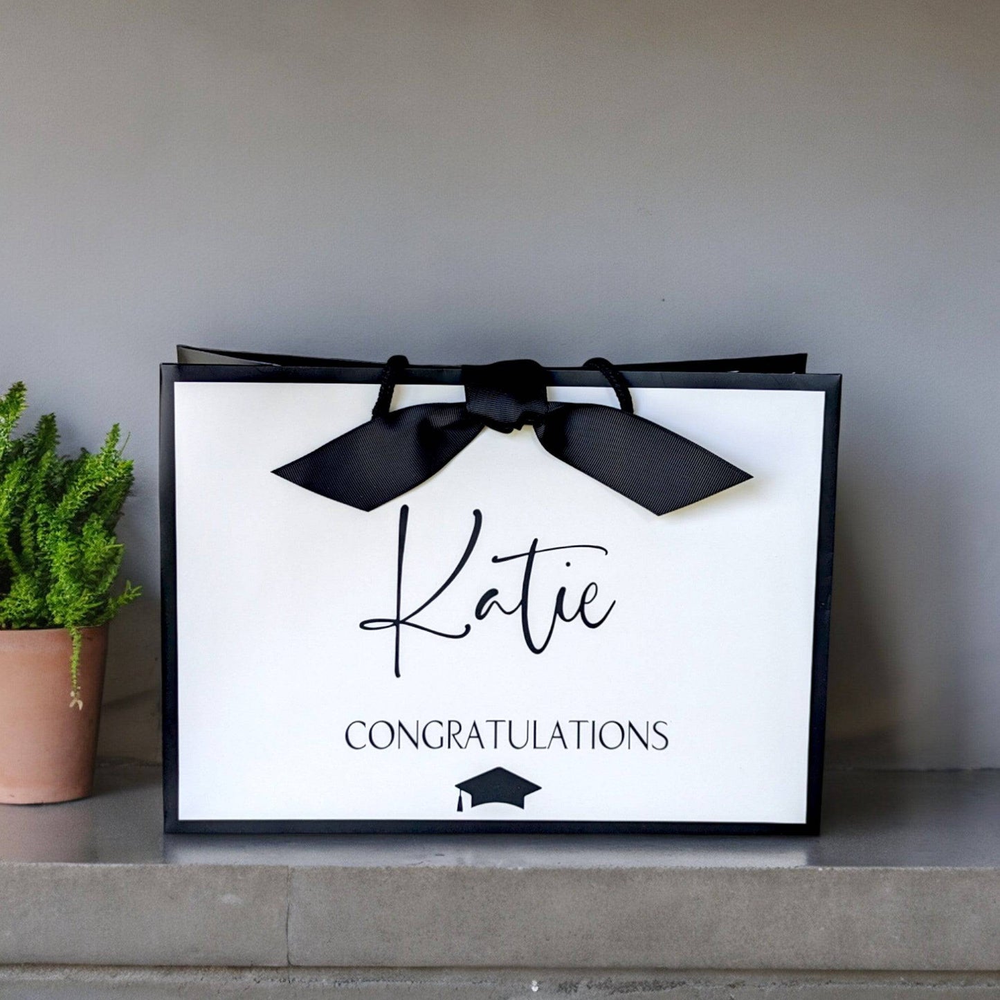 Personalised graduation gift bag medium white with black edge