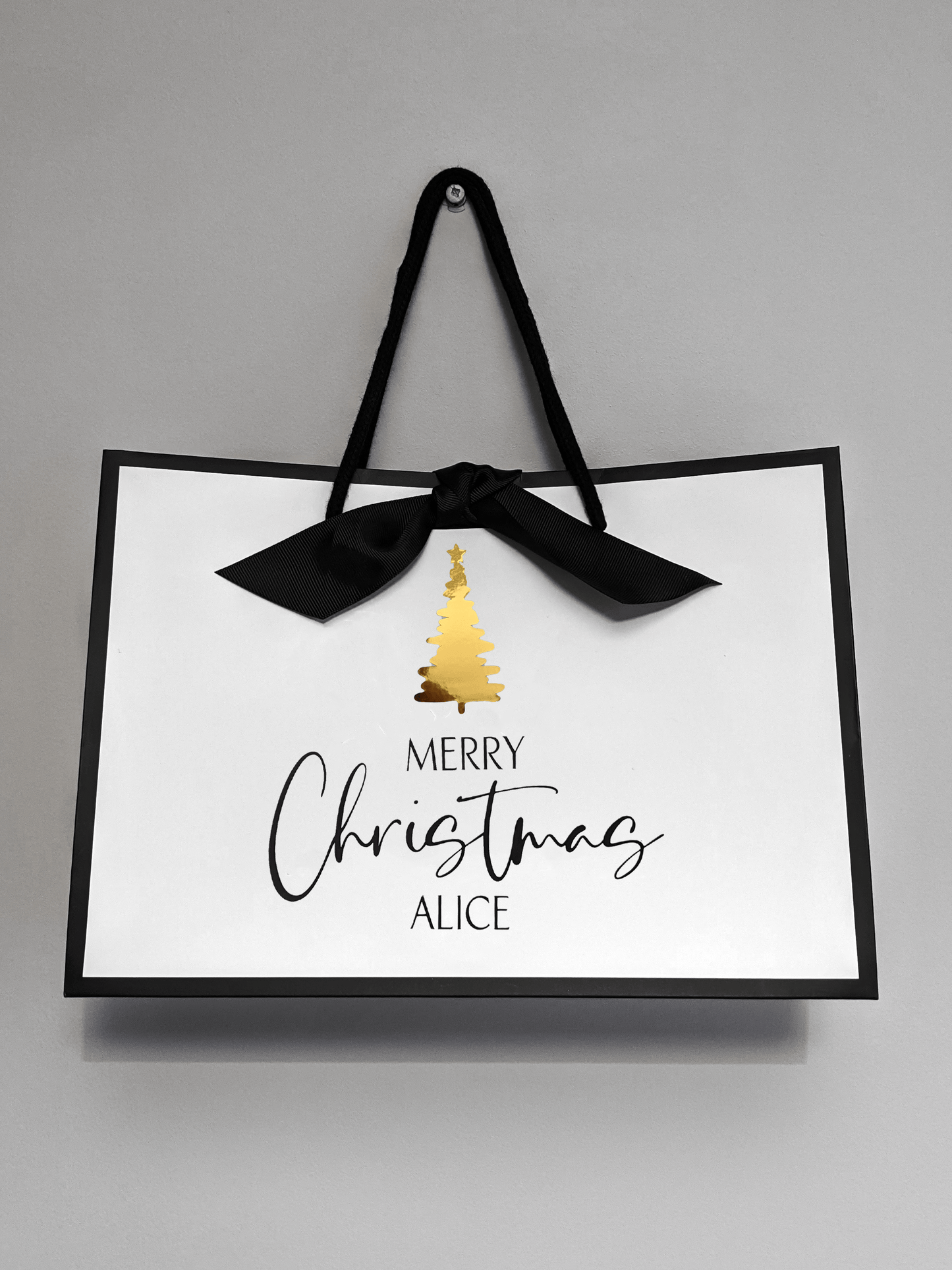 Personalised Christmas gift bag with name, chrome gold Christmas tree
