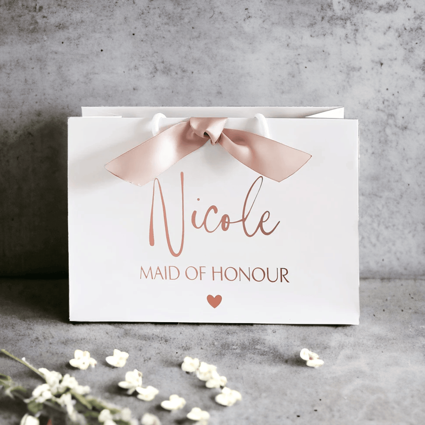 personalised bridesmaid gift bag rose gold with ribbon