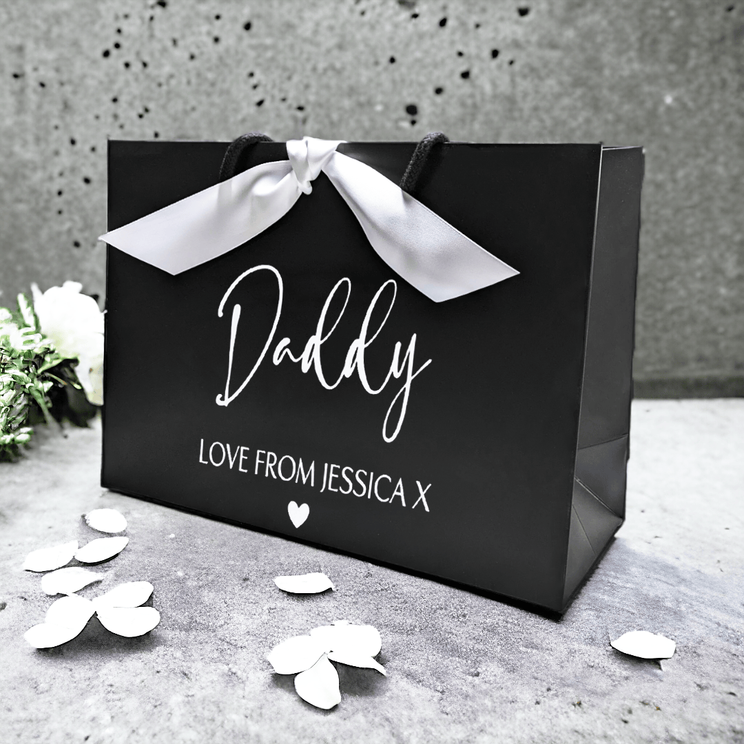 personalised father's day gift bag black small ribbon
