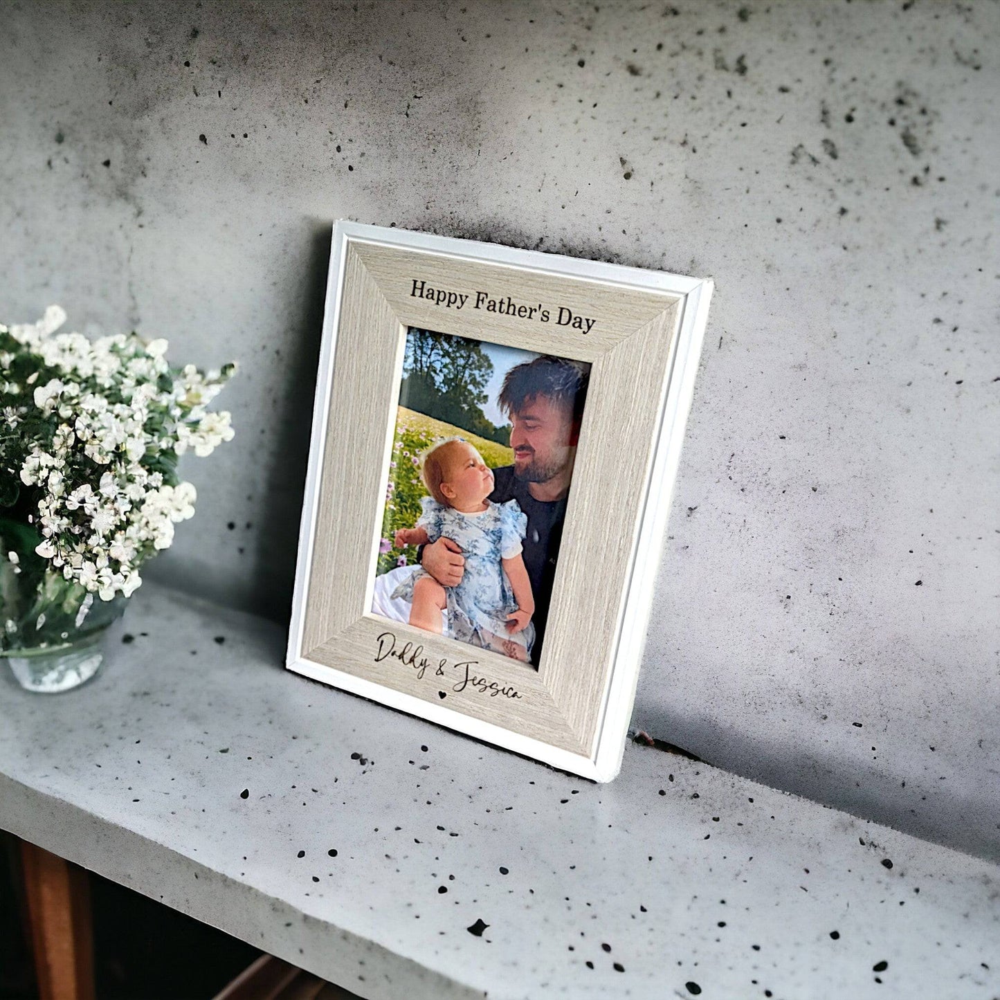 Wooden personalised fathers day picture frame dad and baby side view