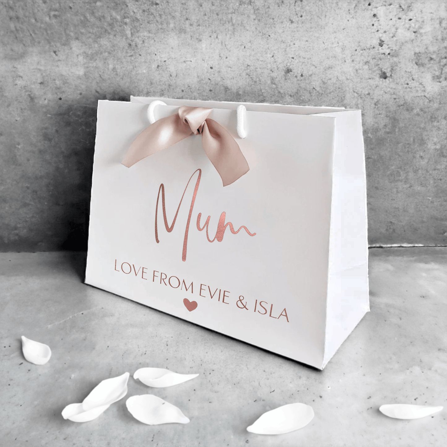 personalised mother's day rose gold gift bag with ribbon medium bag side view