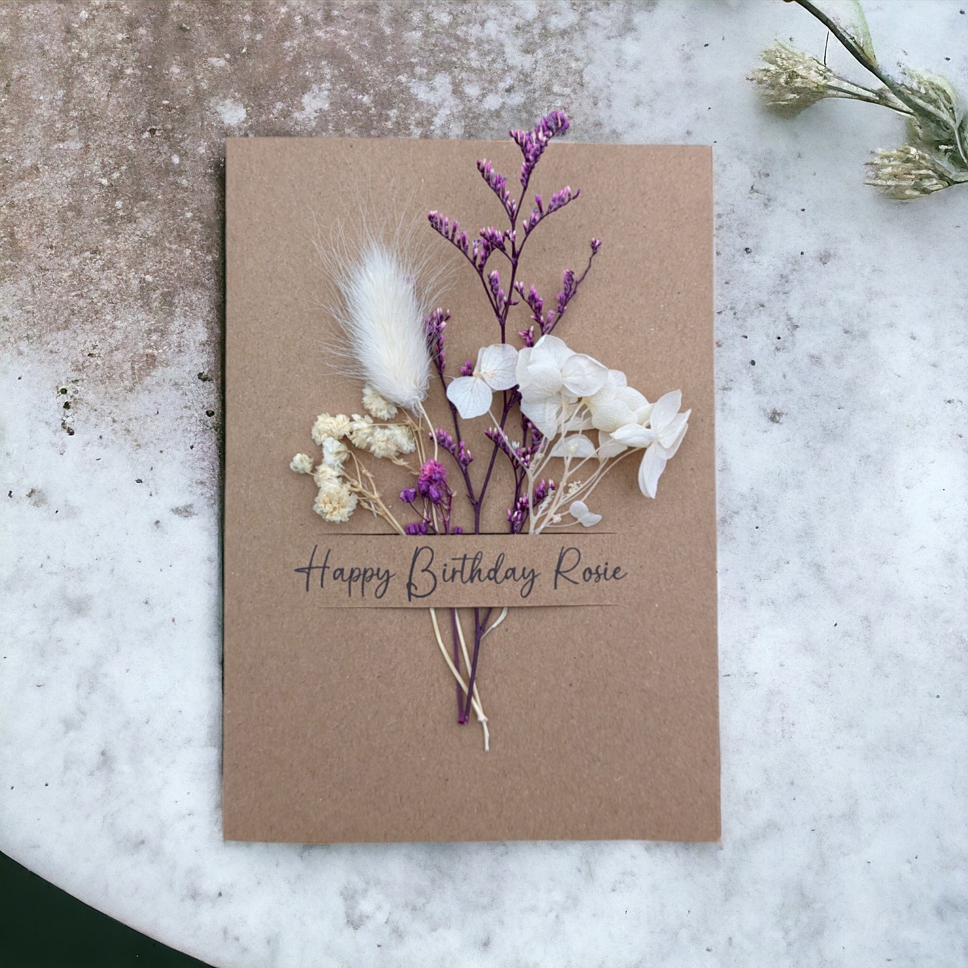 Brown personalised birthday card with dried flowers