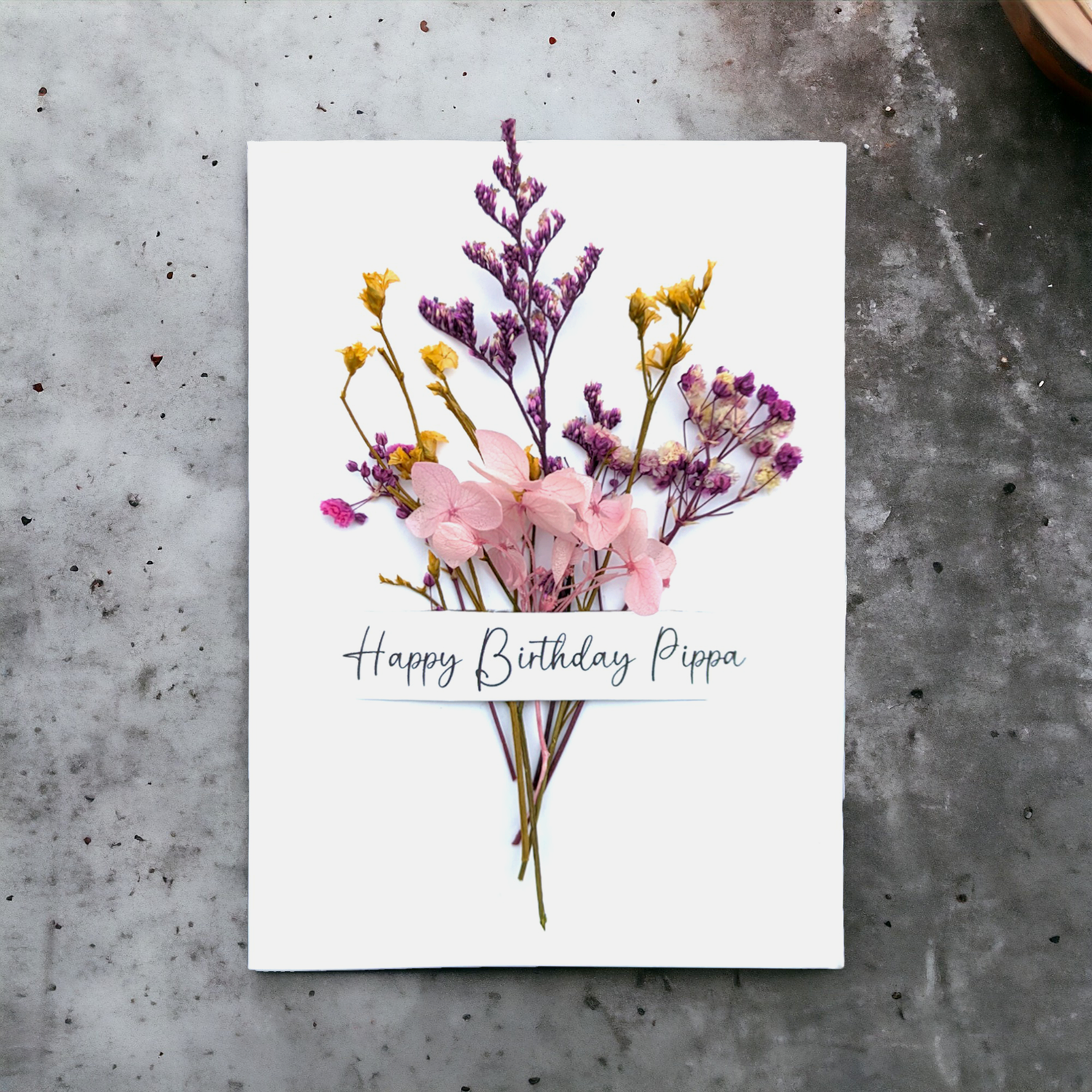 White personalised birthday card with dried flowers