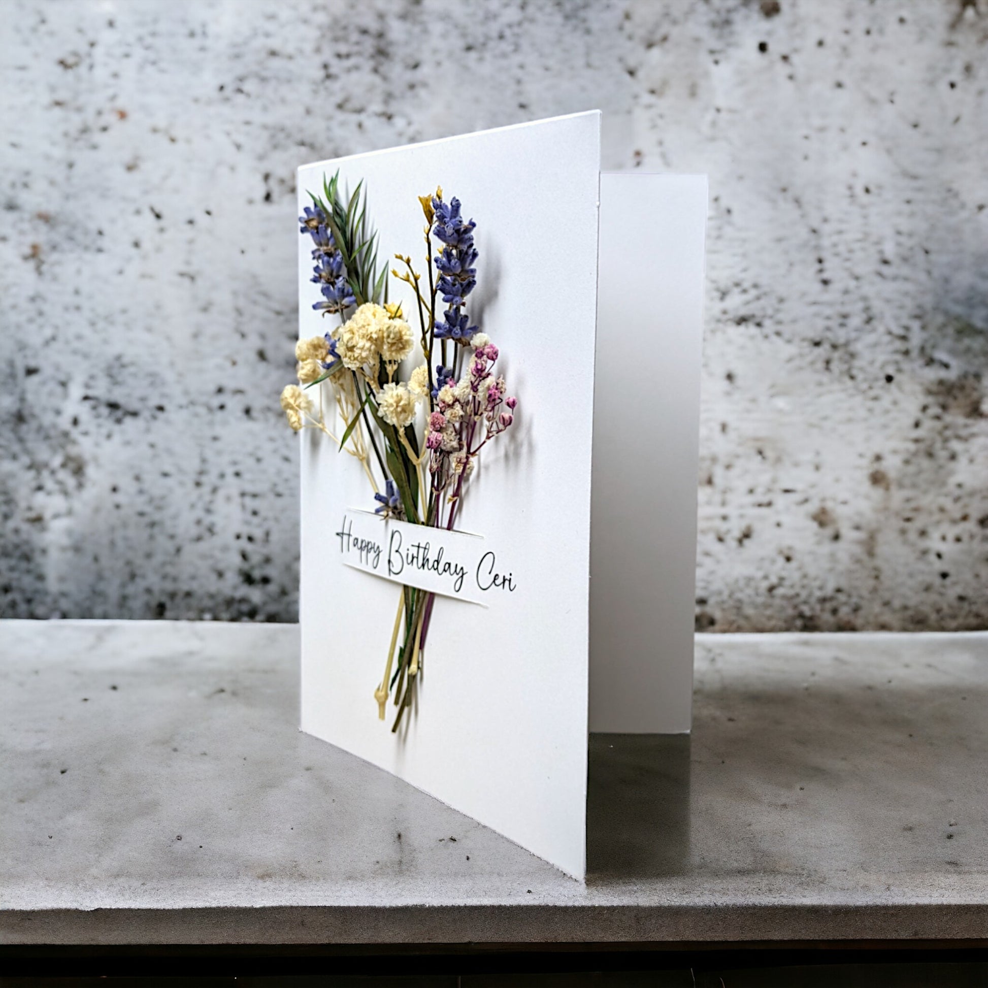 White personalised birthday card with dried flowers