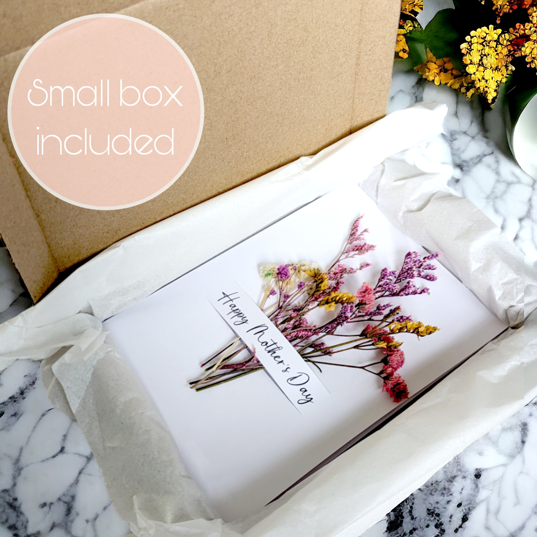 mothers day card with dried flowers in small box