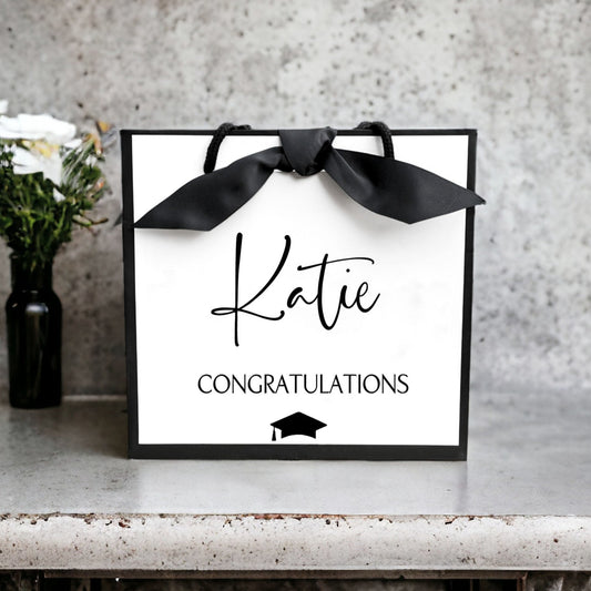 Personalised graduation gift bag small white with black edge