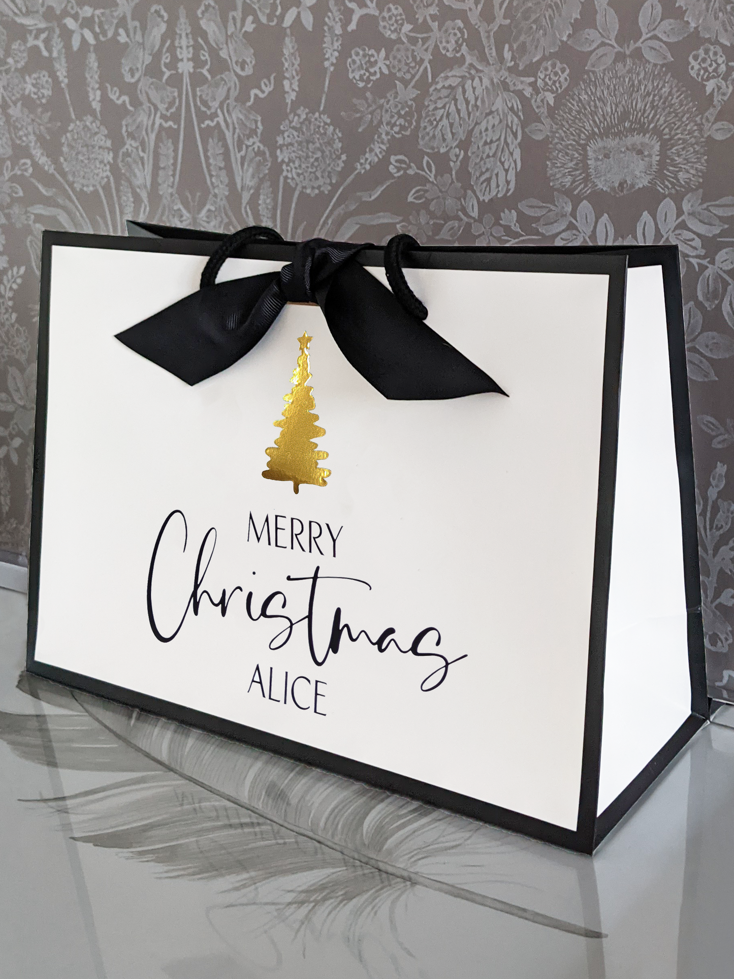 Personalised Christmas gift bag with name, chrome gold Christmas tree, side view