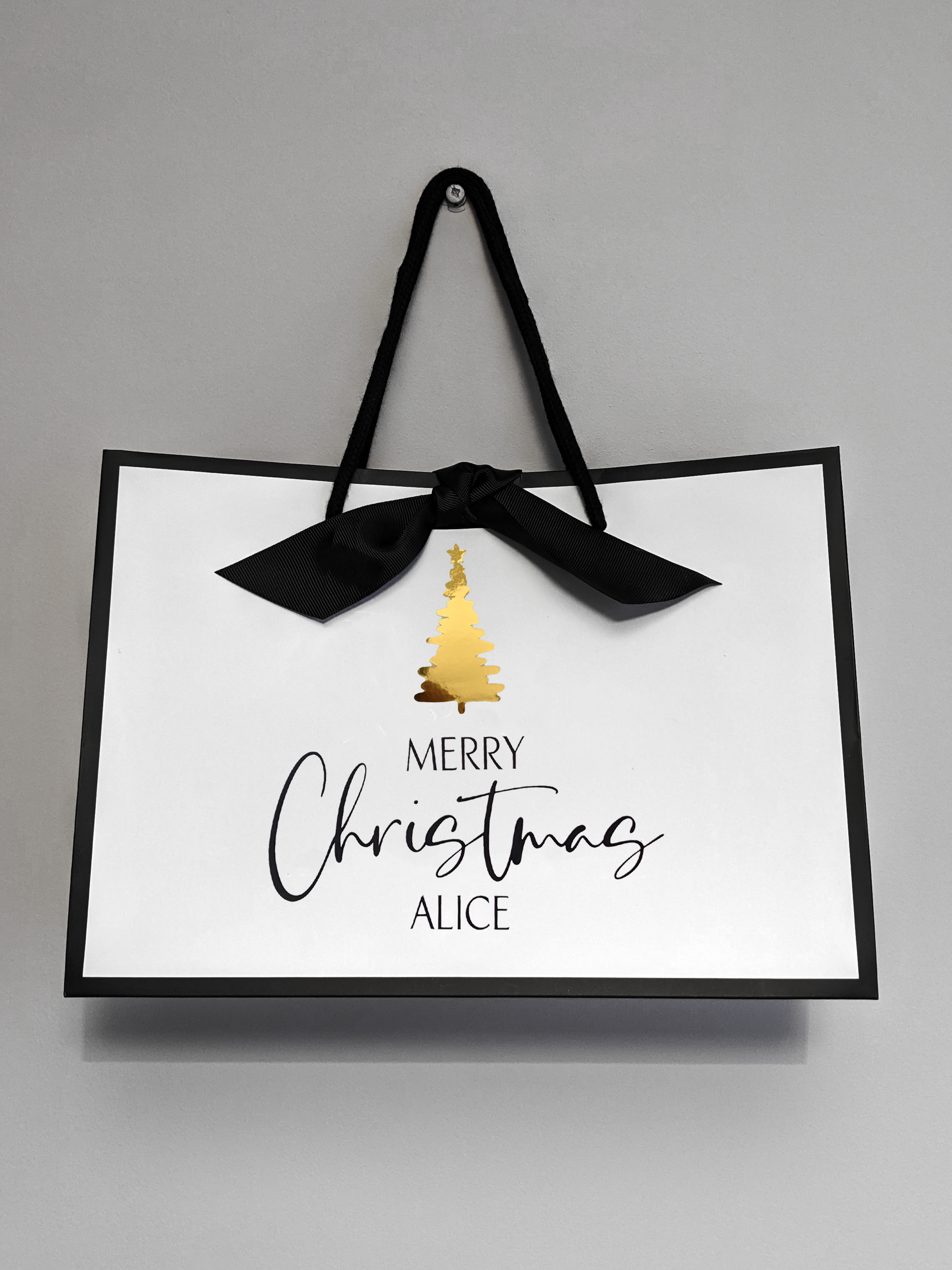 Personalised Christmas gift bag with name, chrome gold Christmas tree