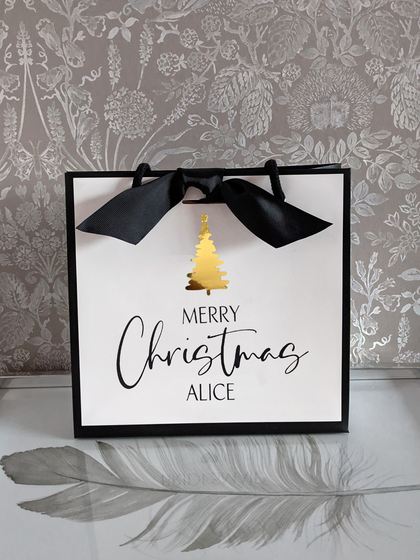 Personalised Christmas gift bag with name, chrome gold Christmas tree, size small