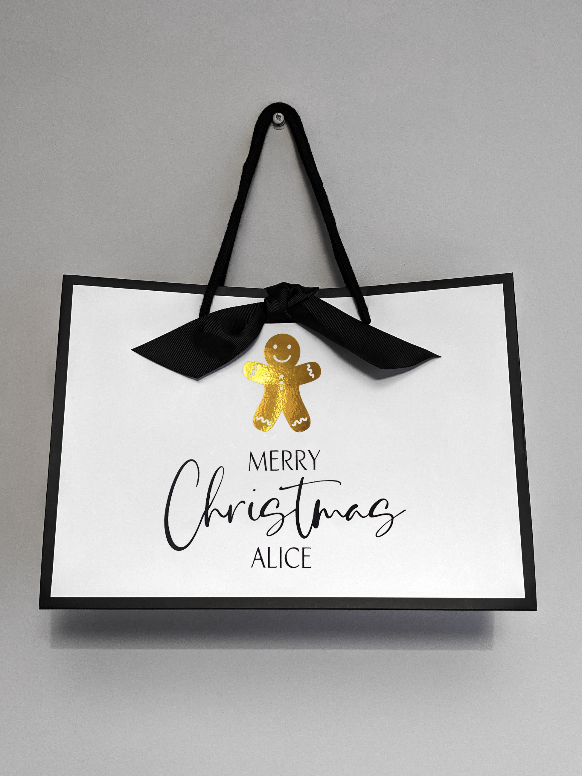 Personalised Christmas gift bag with name, chrome gold gingerbread man