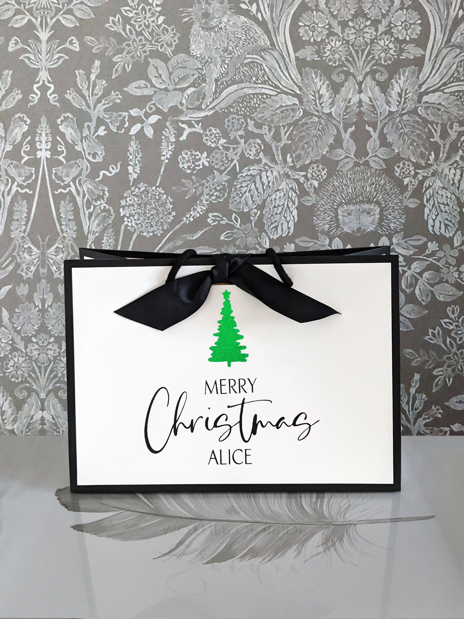 Personalised Christmas gift bag with name, sparkly green Christmas tree