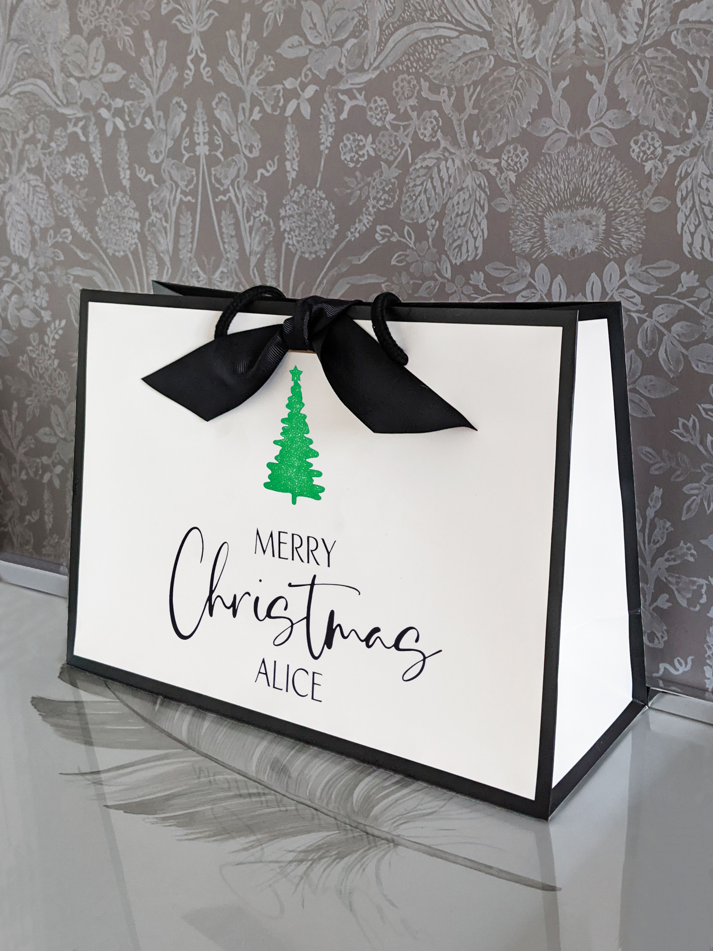 Personalised Christmas gift bag with name, sparkly green Christmas tree, side view