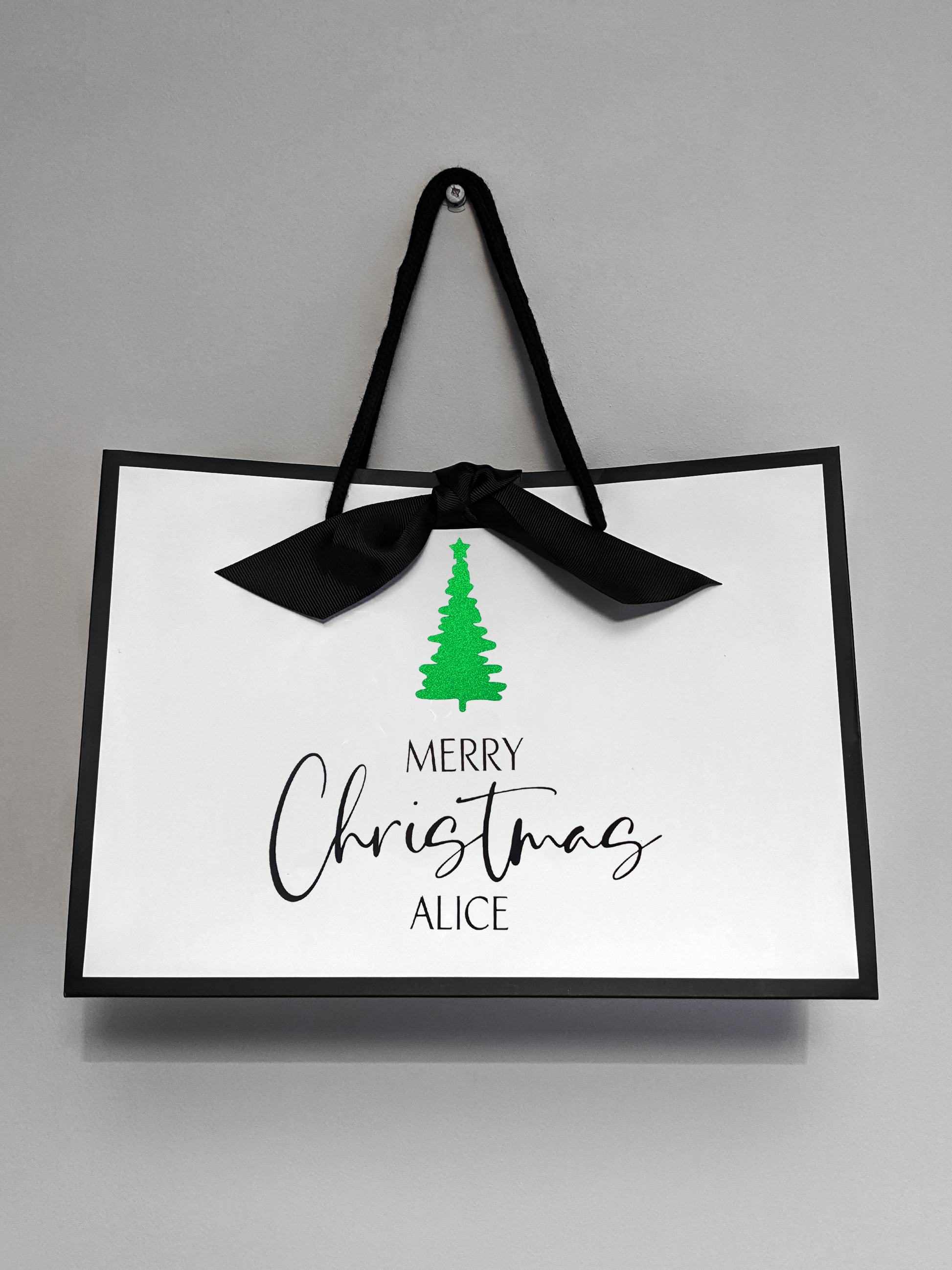 Personalised Christmas gift bag with name, sparkly green Christmas tree