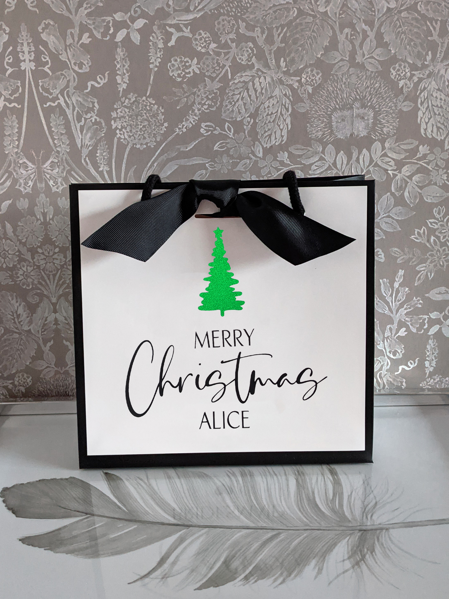 Personalised Christmas gift bag with name, sparkly green Christmas tree, size small