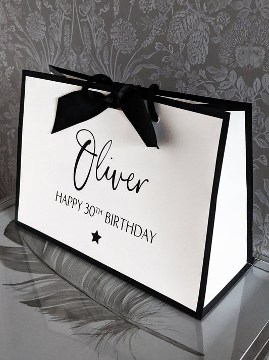 Personalised birthday gift bag white with black edge, 30th birthday gift