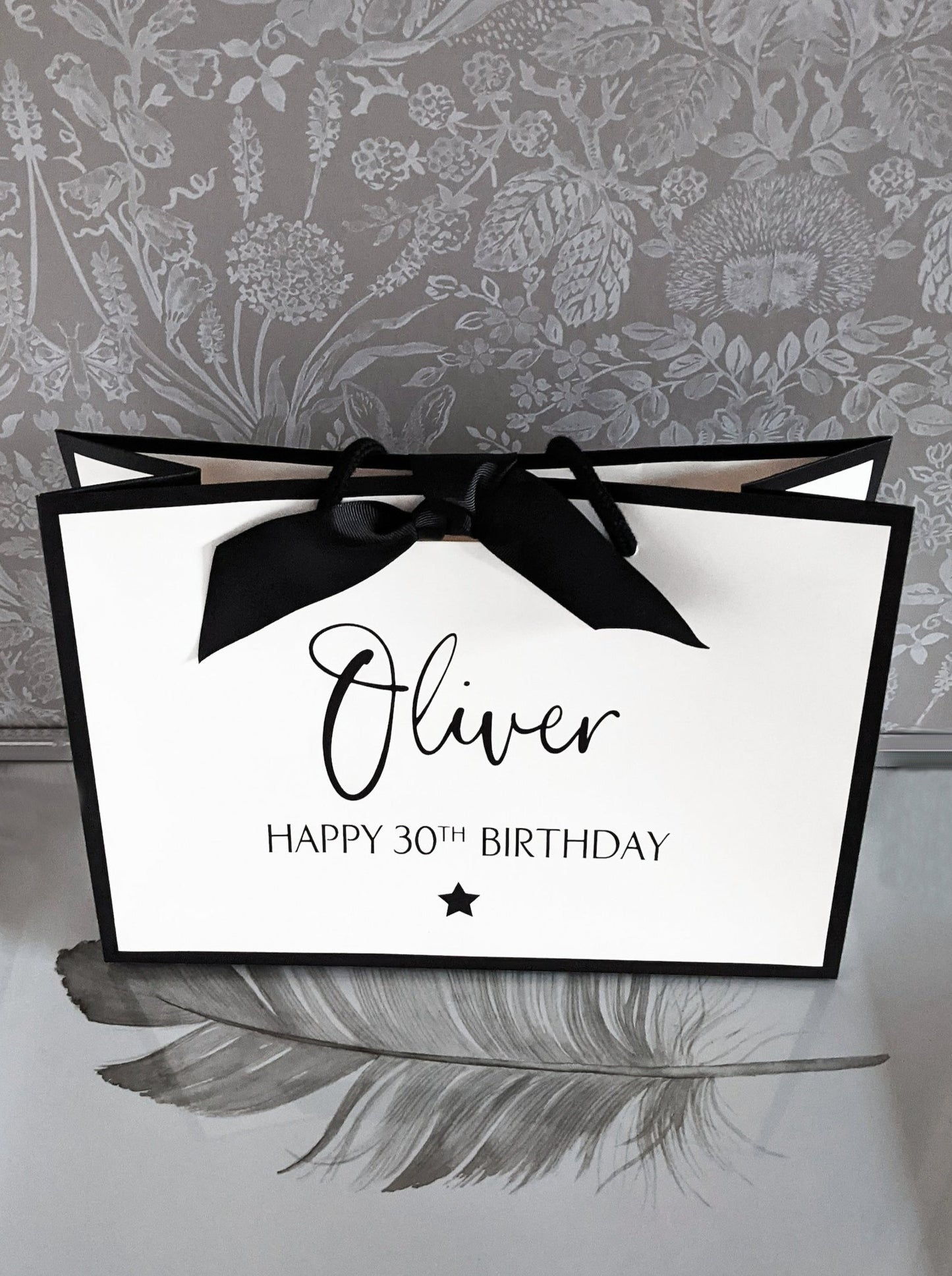 Personalised birthday gift bag white with black edge