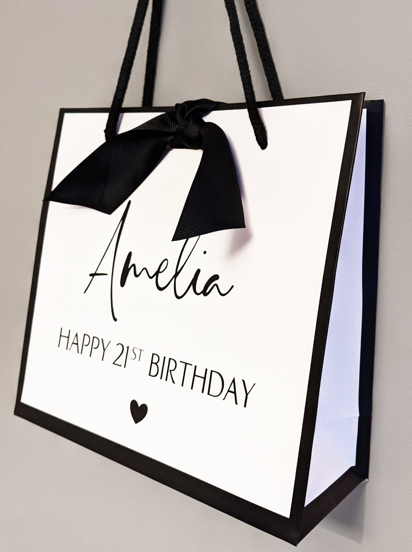 Personalised birthday gift bag white with black edge - square