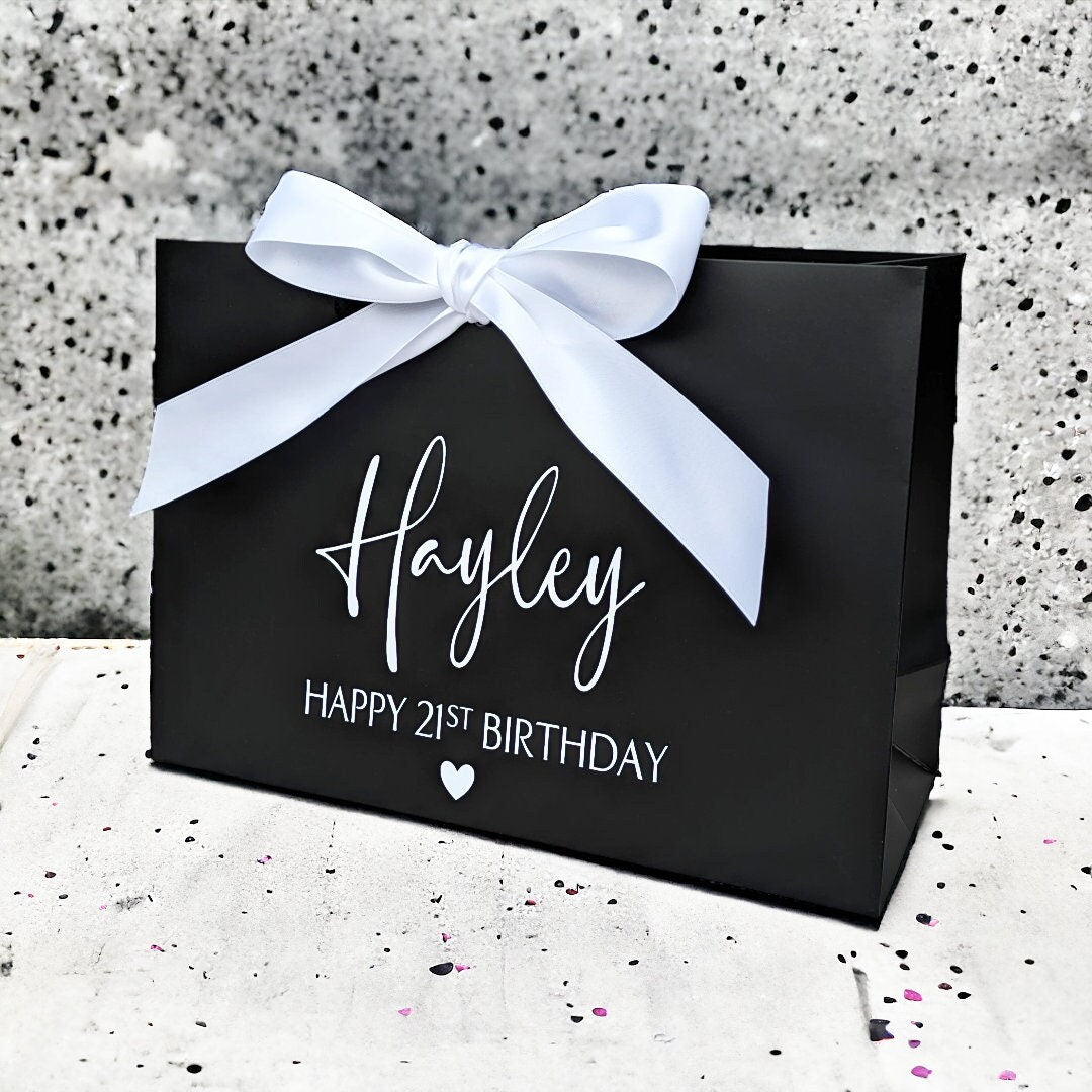 Personalised birthday gift bag black with white bow - 21st birthday gift