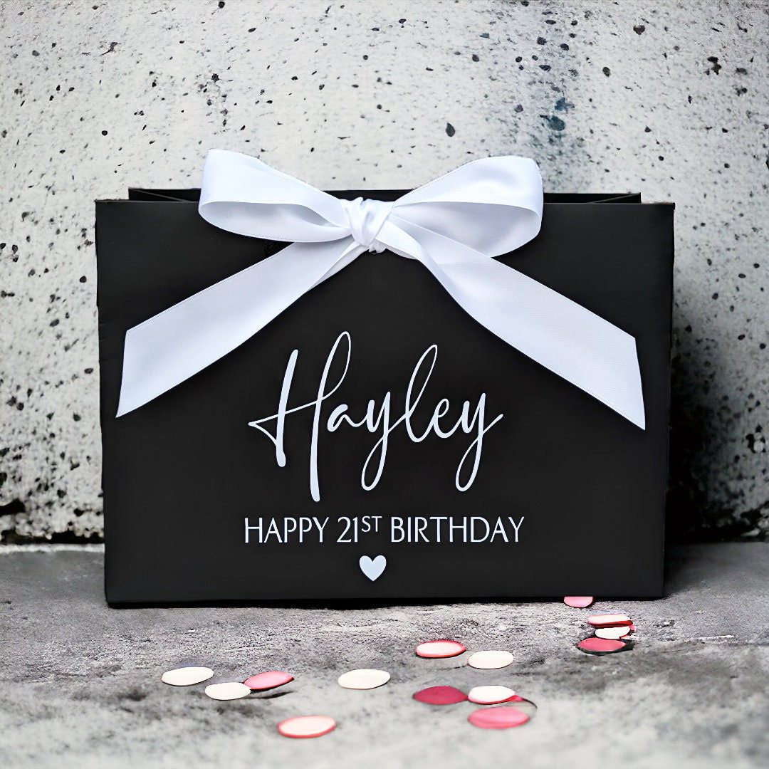 personalised birthday gift bag black with white ribbon bow