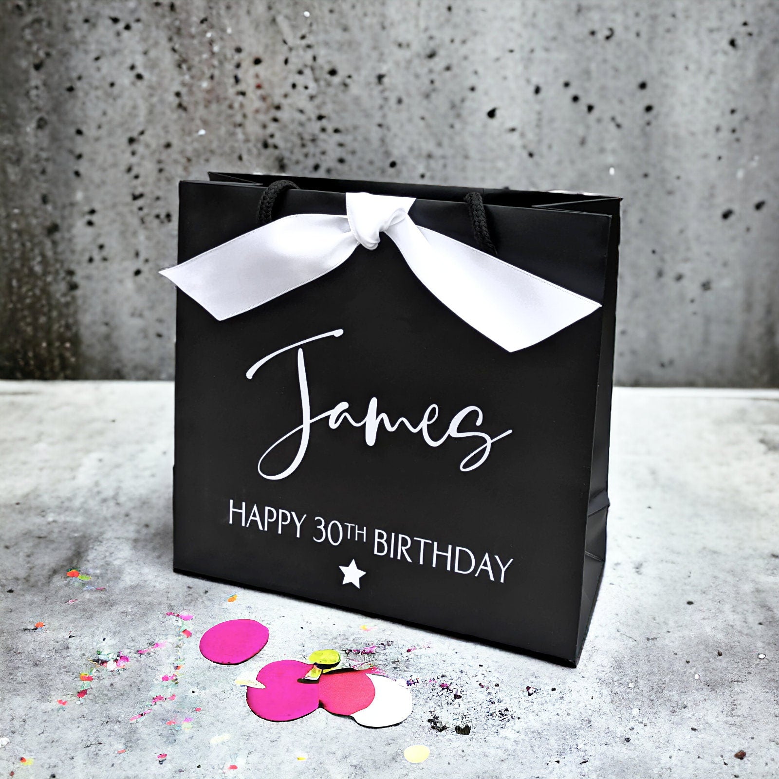 personalised birthday gift bag black with white ribbon small side view