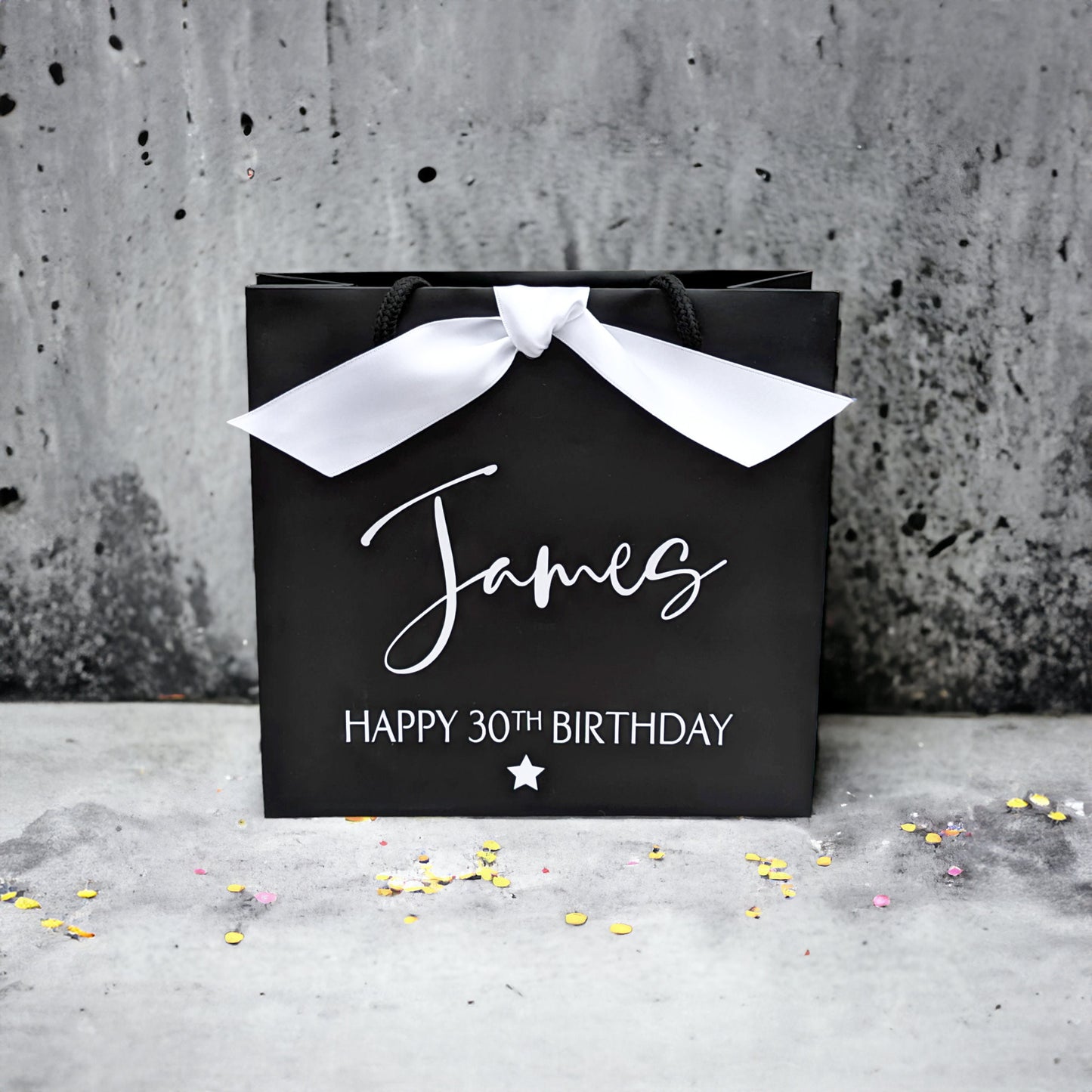 personalised birthday gift bag black with white ribbon small