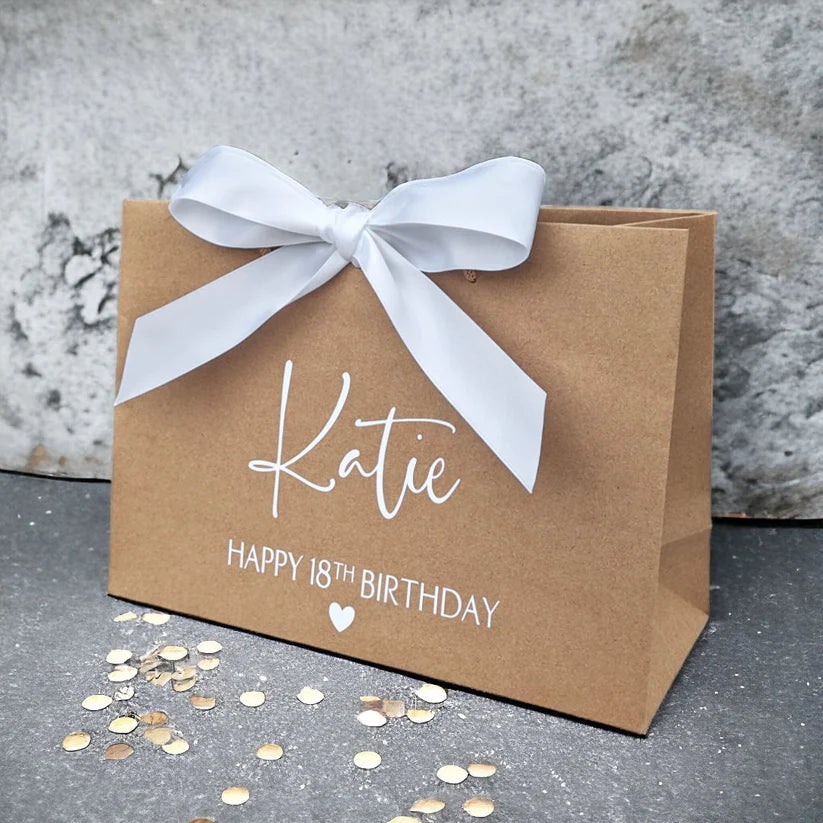 personalised birthday gift bag brown with white bow, 18th birthday gift