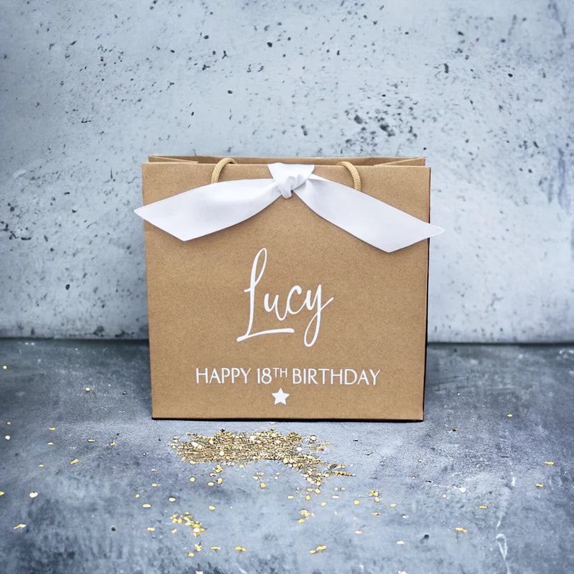 personalised birthday gift bag brown with white ribbon small square bag