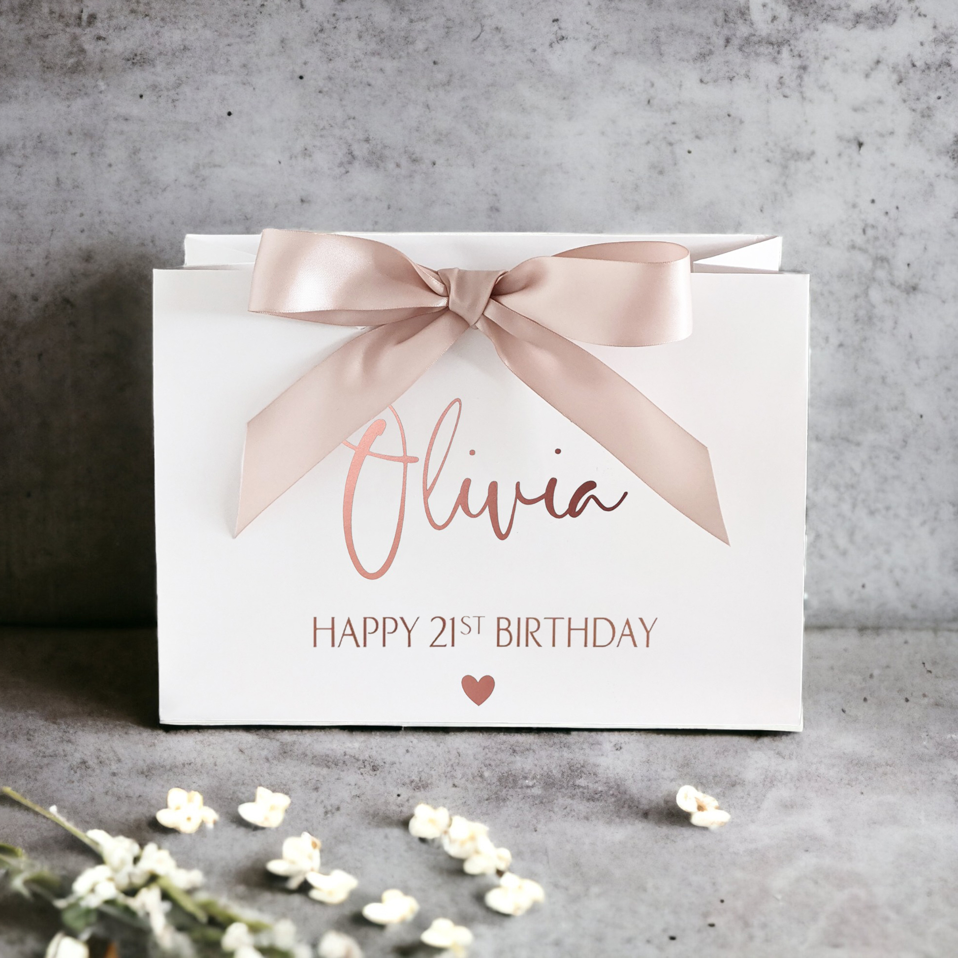 Personalised birthday gift bag rose gold with bow - 21st birthday gift for her