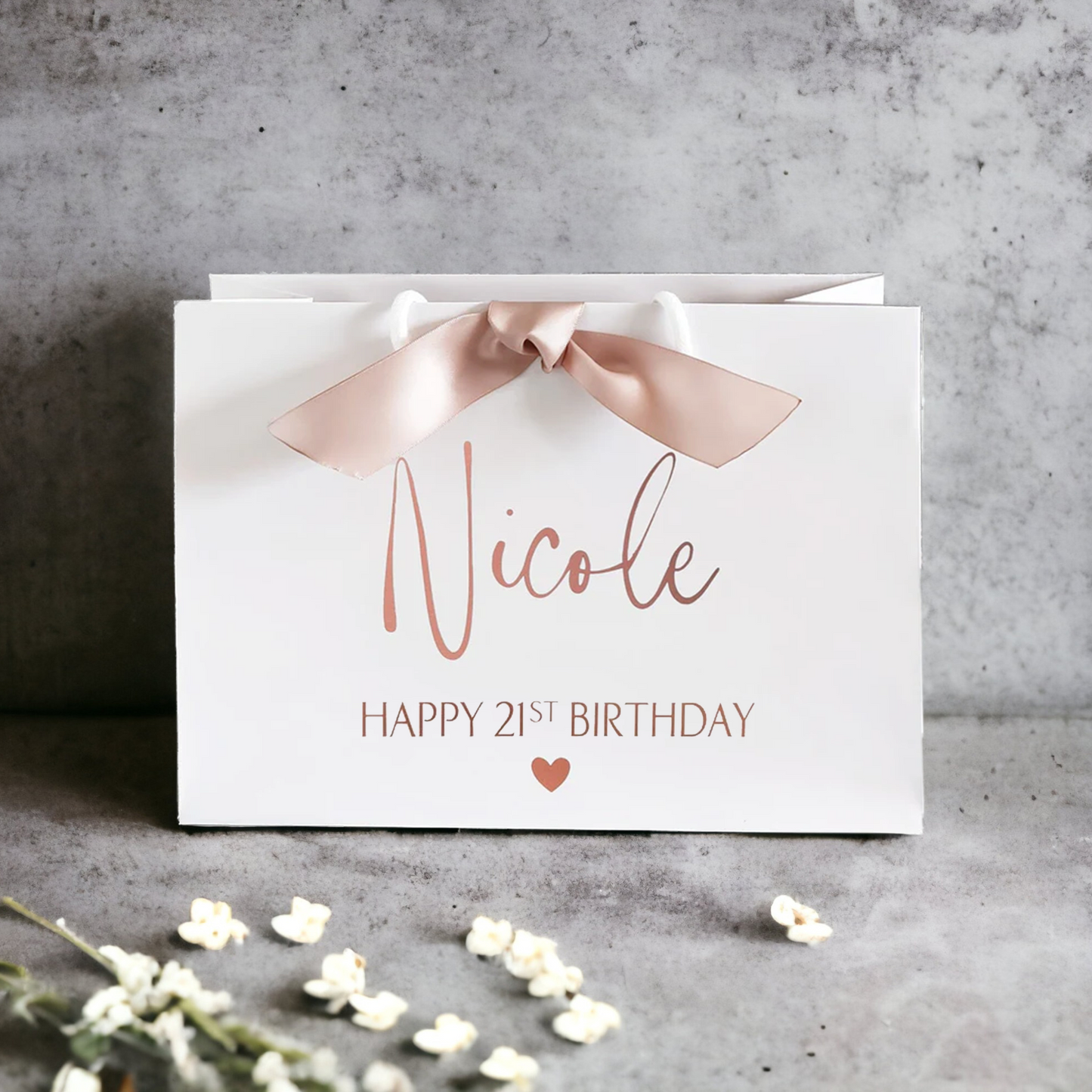 Personalised birthday gift bag rose gold with ribbon medium