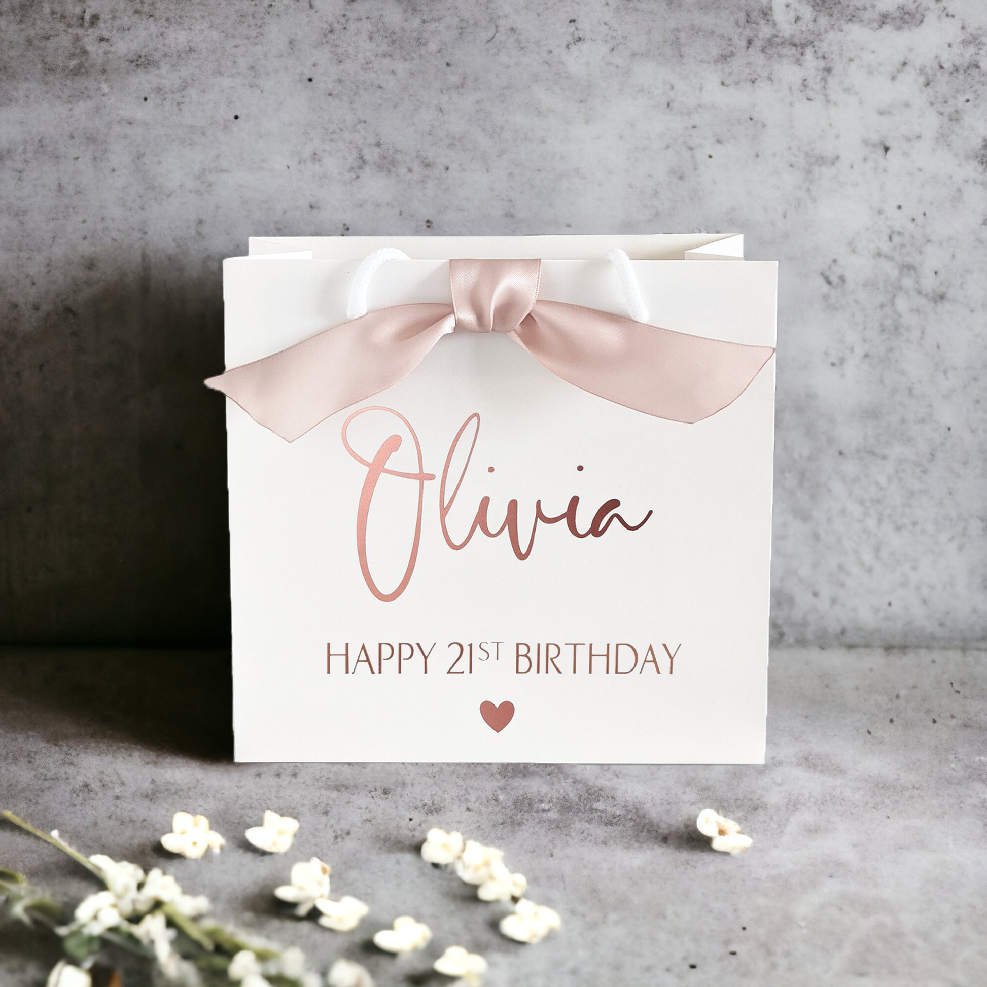 personalised birthday gift bag rose gold with ribbon small square bag