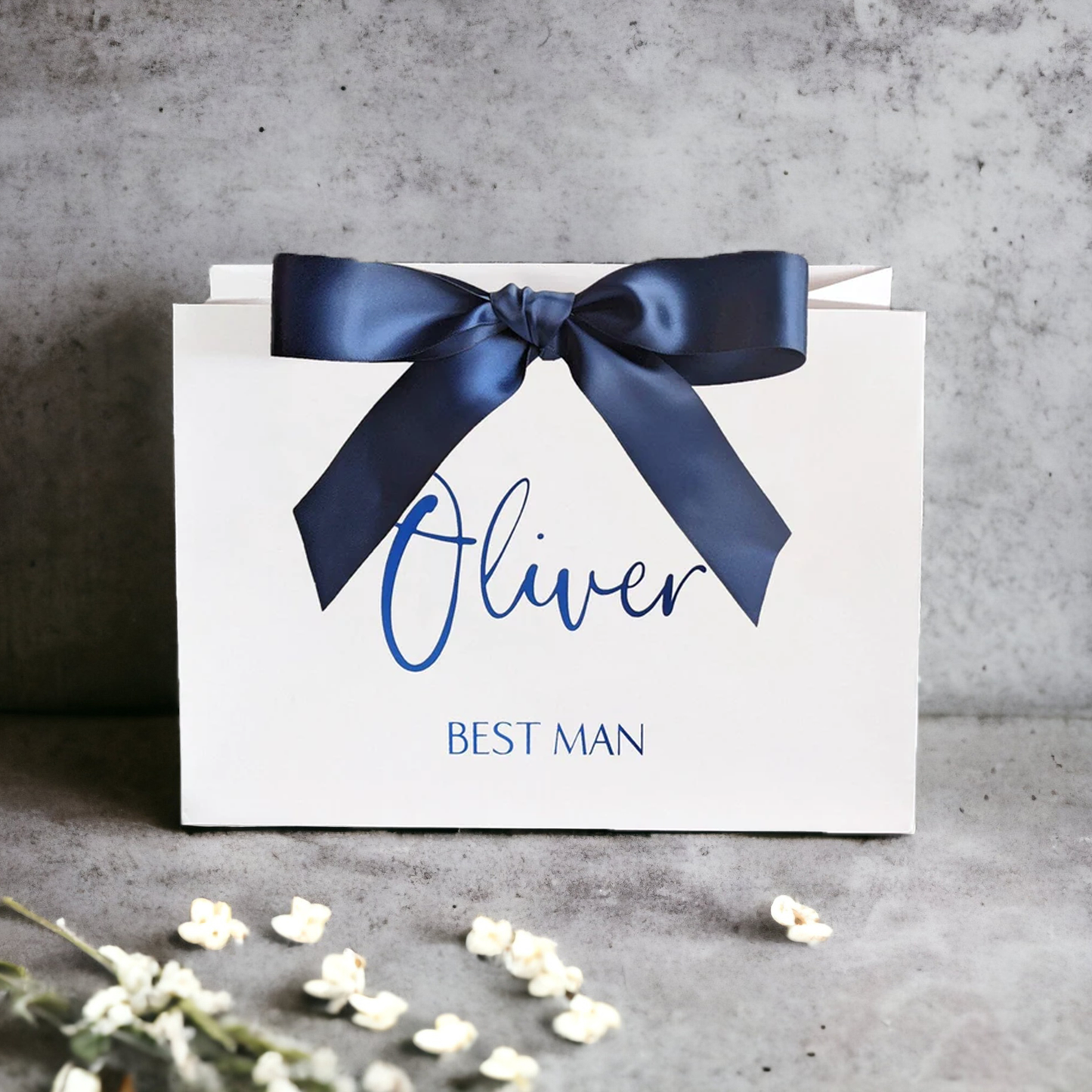 personalised best man gift bag navy blue bow