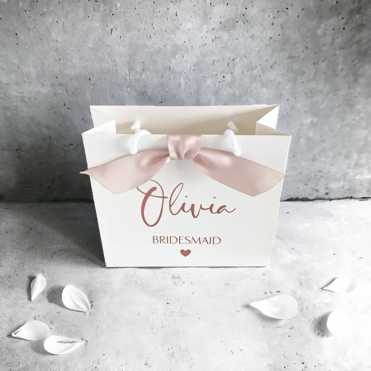 personalised bridesmaid gift bag rose gold with ribbon square bag