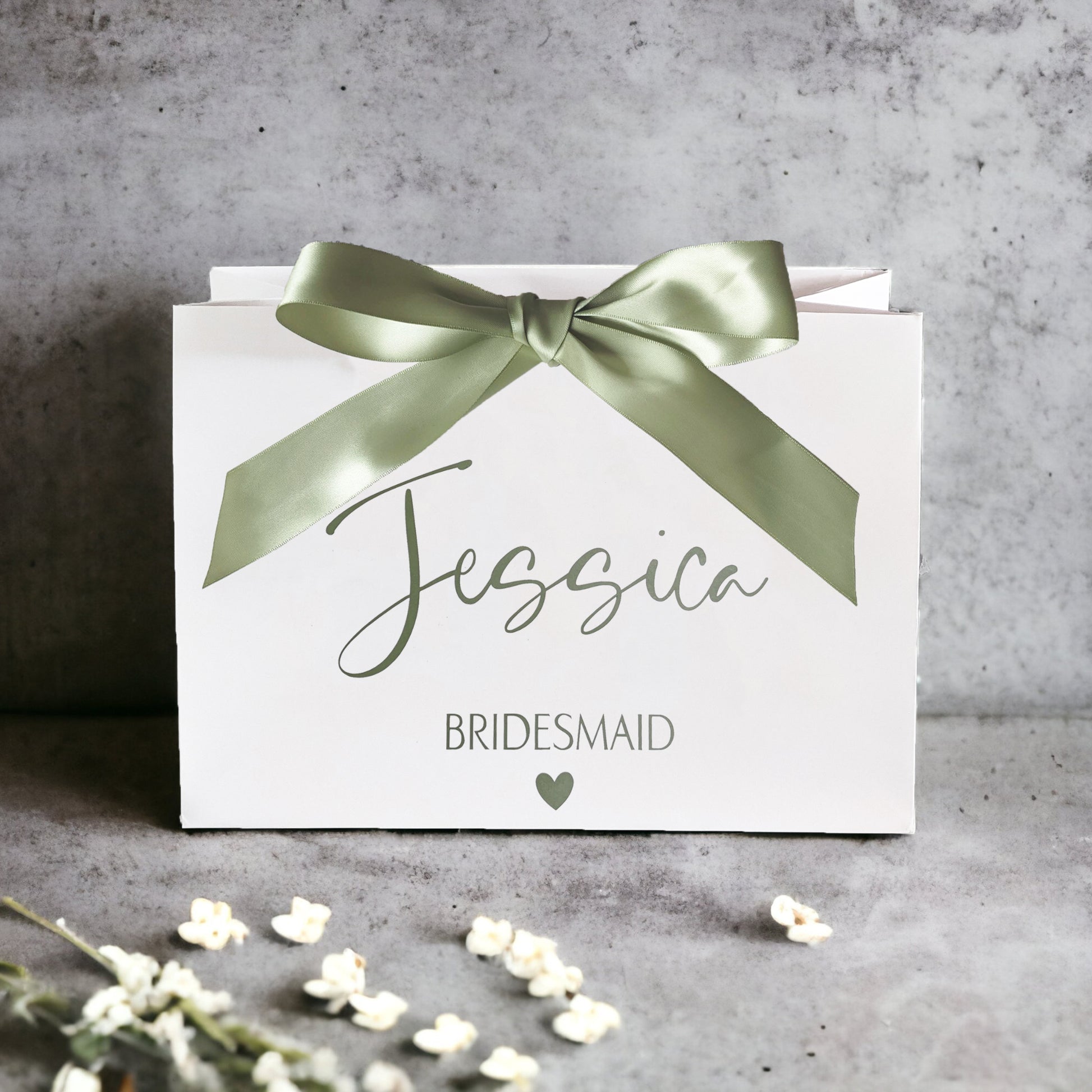 Personalised bridesmaid gift bag sage green with bow