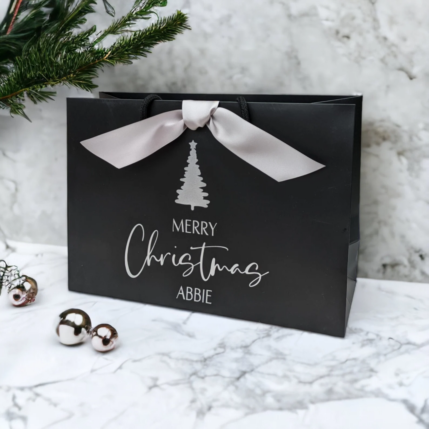 Personalised Christmas gift bag with name, black bag with silver ribbon