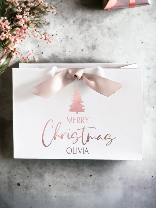 Personalised Christmas gift bag with name, rose gold ribbon