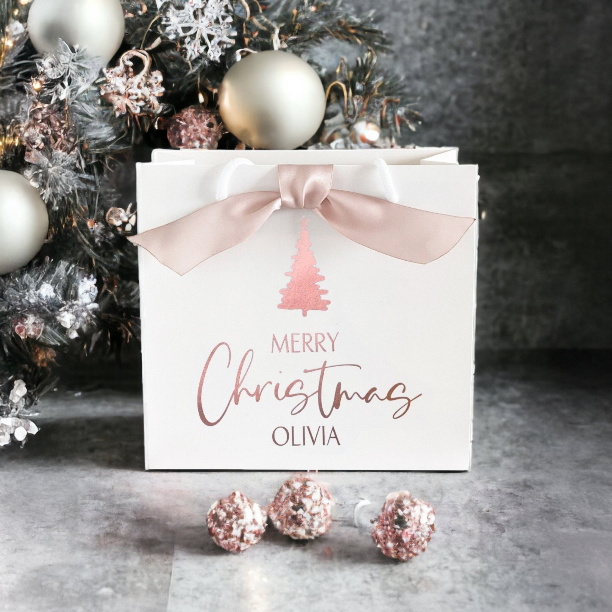 Personalised Christmas gift bag with name, rose gold ribbon, small size