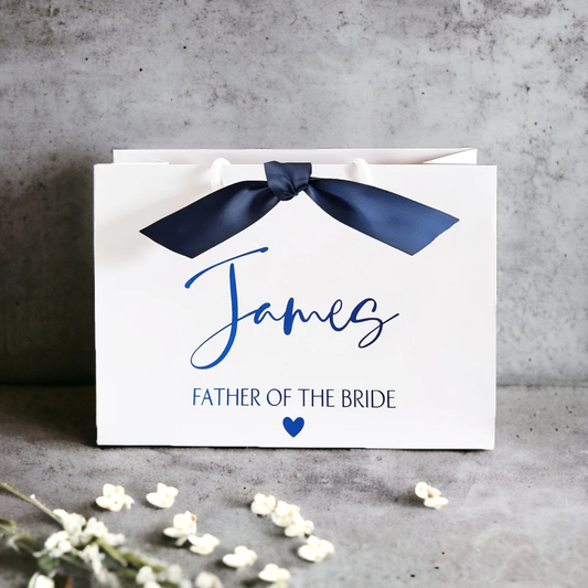 Personalised father of the bride gift bag navy blue with ribbon