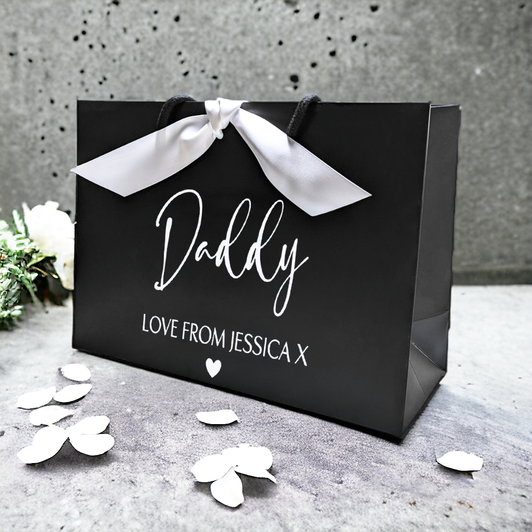 personalised father's day gift bag black small ribbon