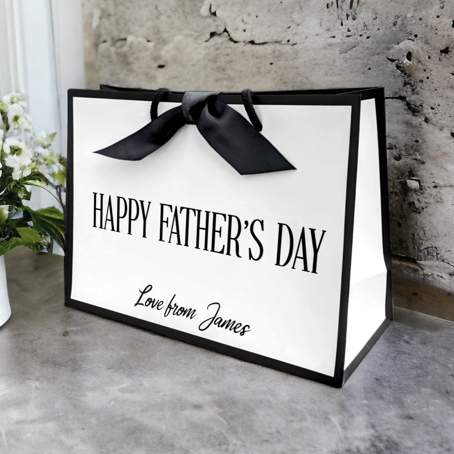 Personalised fathers day gift bag black edge medium bag side view - adccrafts