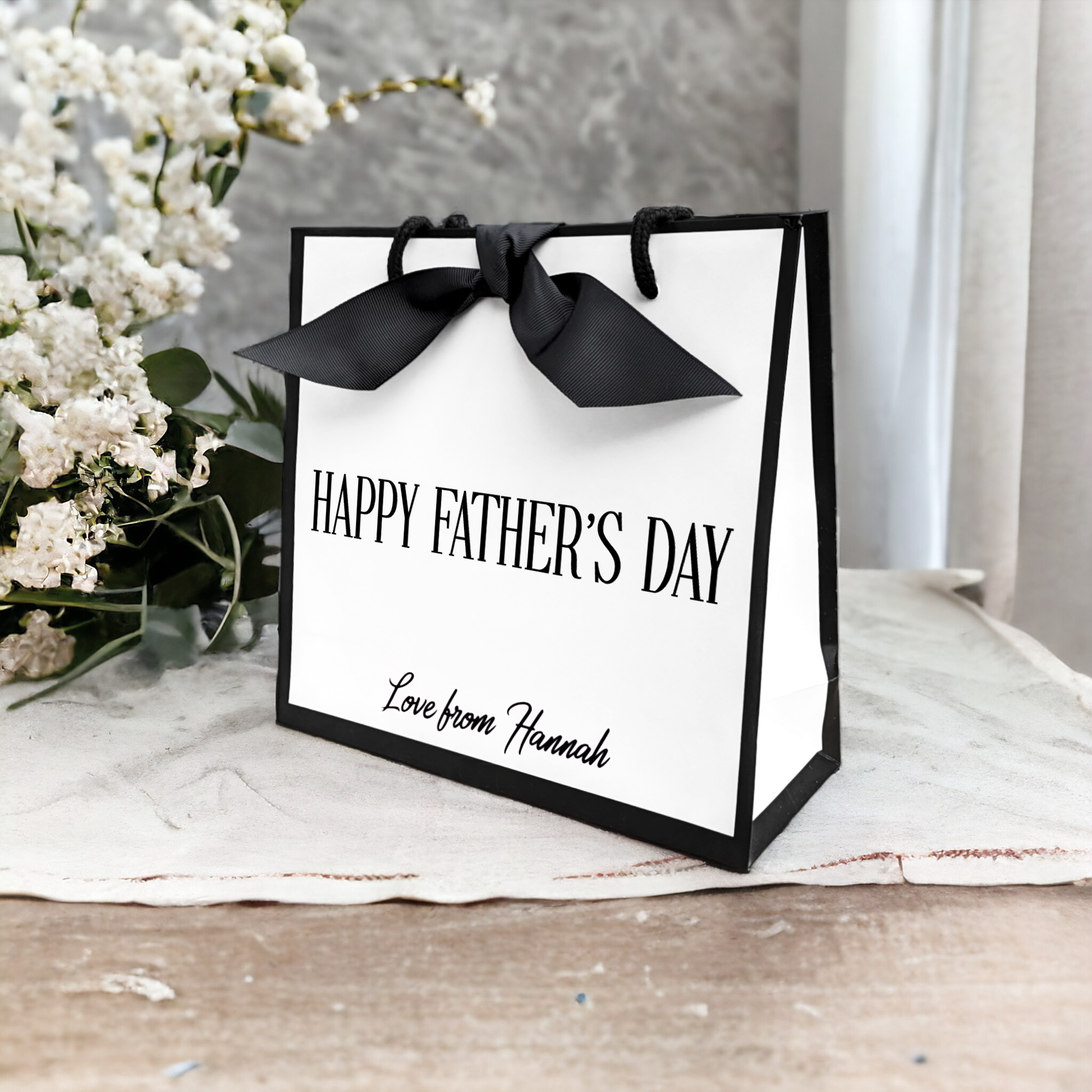 personalised father's day gift bag black edge small bag side view