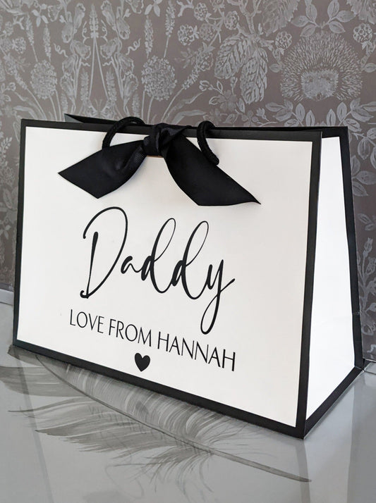 personalised father's day gift bag black edge white medium bag side view