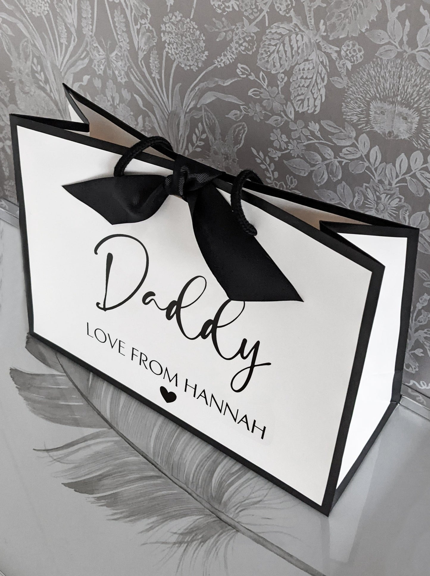 personalised father's day gift bag black edge white medium bag top view