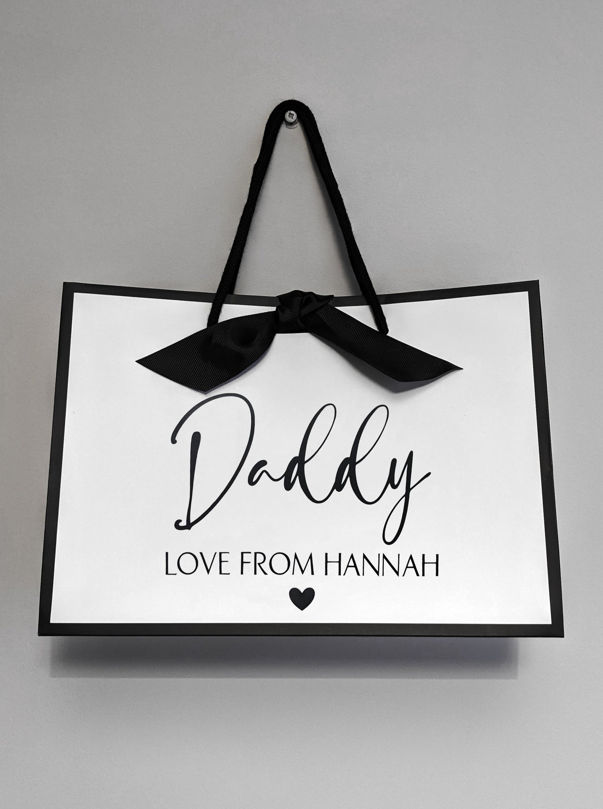 personalised father's day gift bag black edge white medium bag