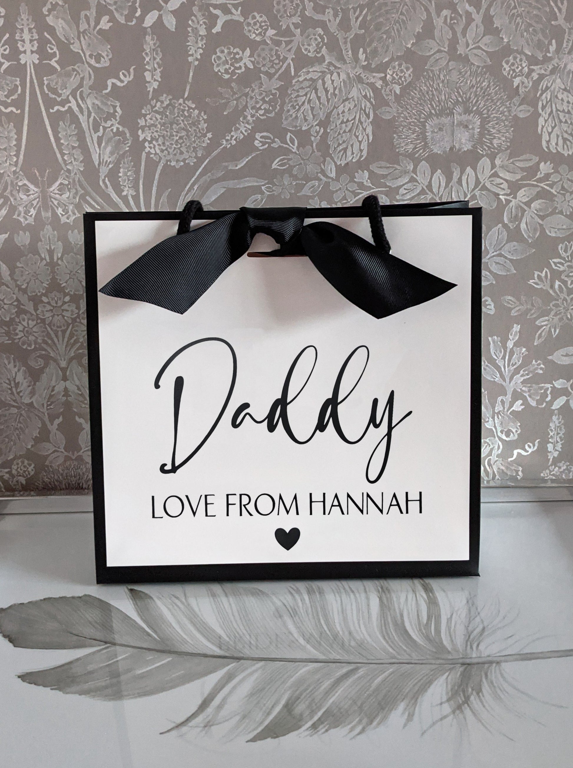 personalised father's day gift bag black edge white small bag