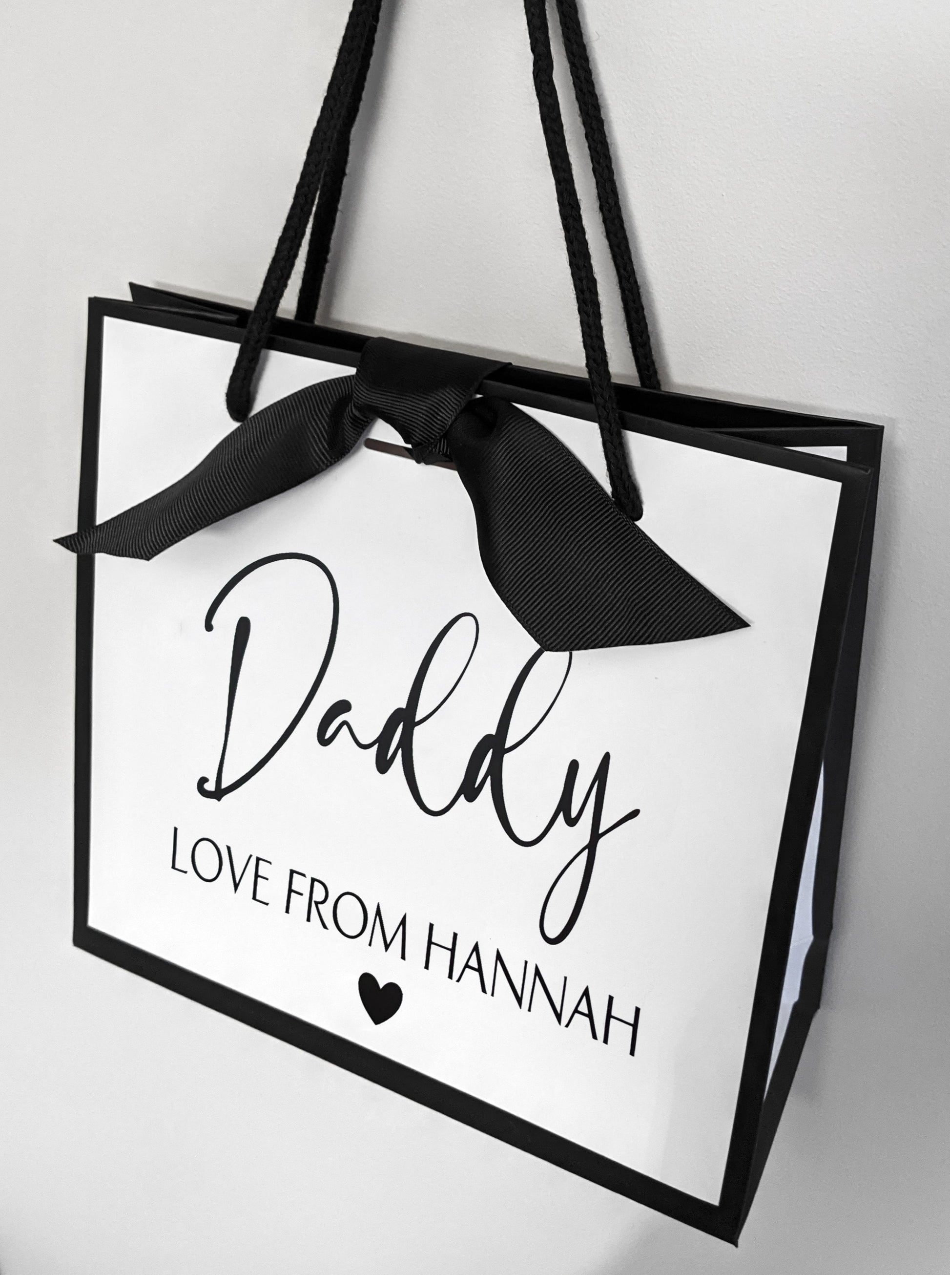 personalised father's day gift bag black edge white small bag side view