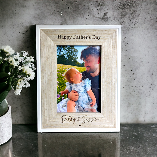 Wooden personalised fathers day picture frame dad and baby