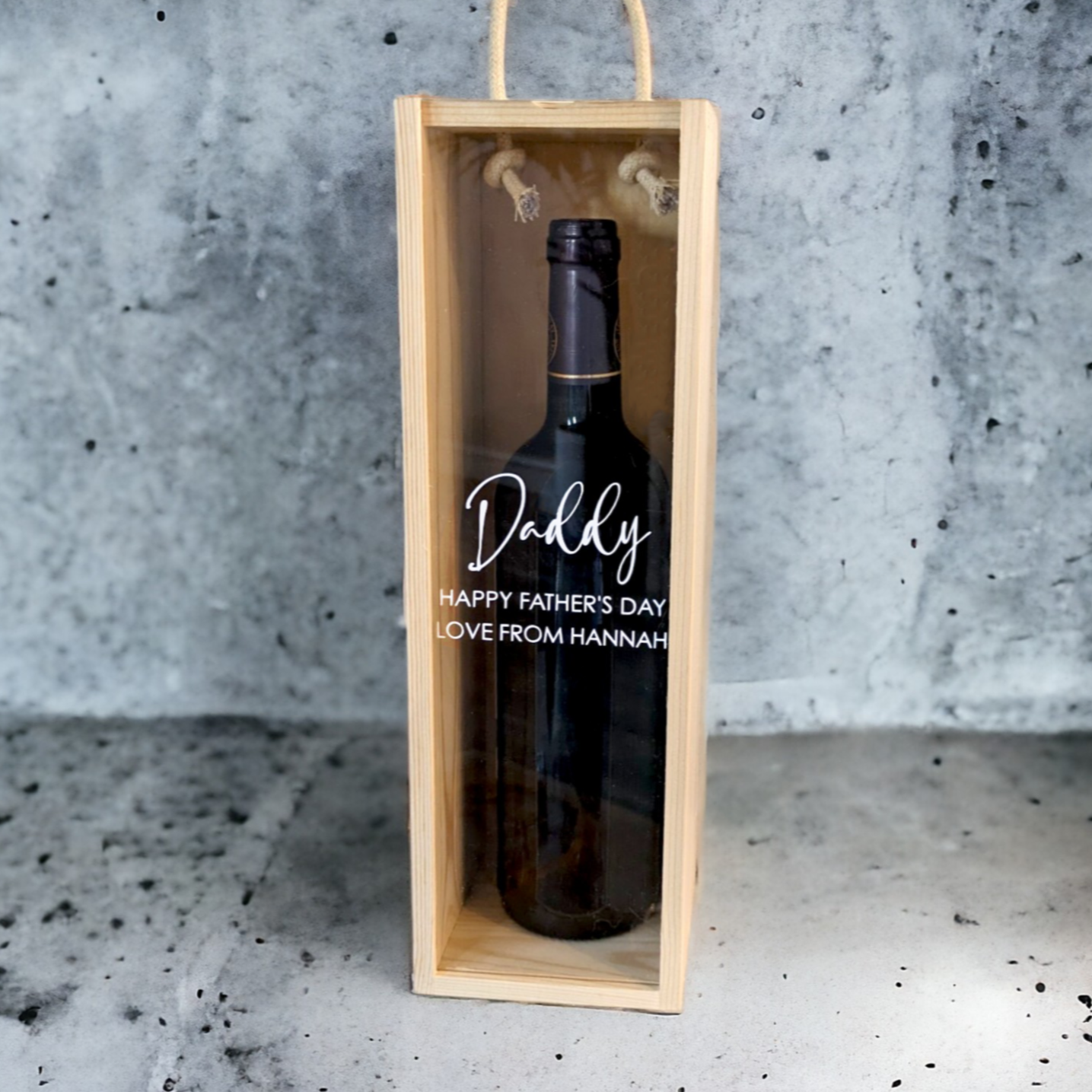 Wooden and acrylic glass personalised father's day wine bottle box