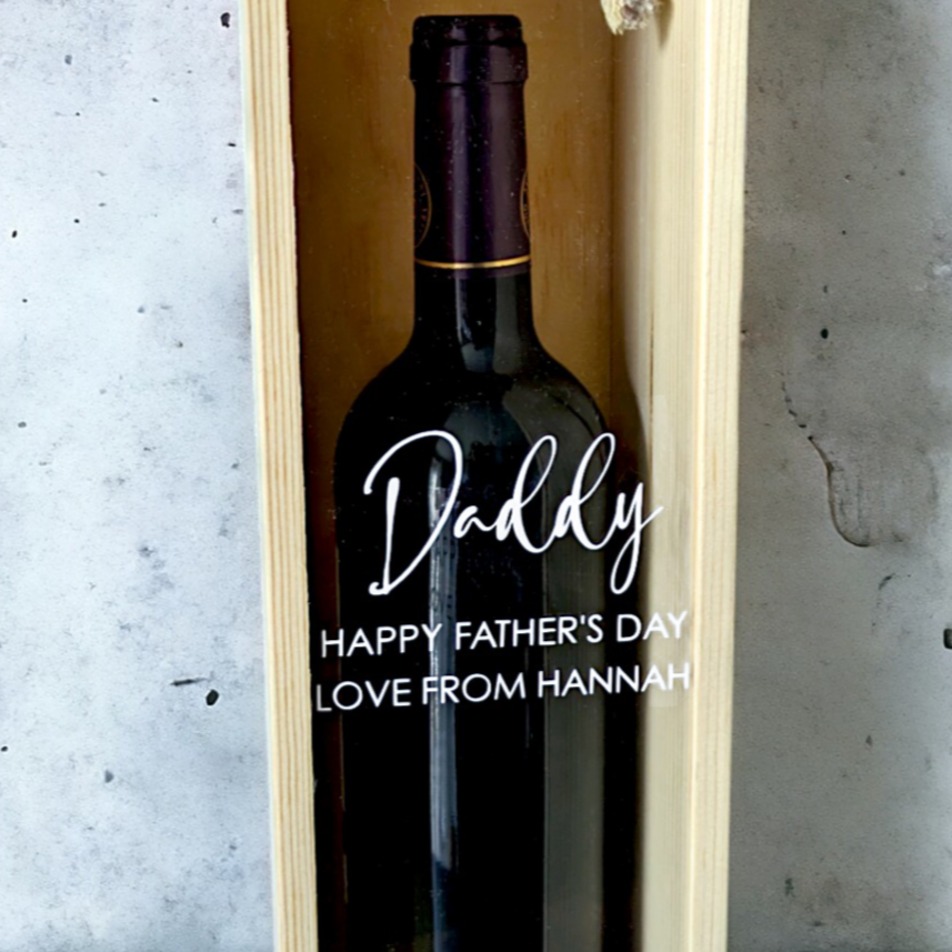 Wooden and acrylic glass personalised father's day wine bottle box with message