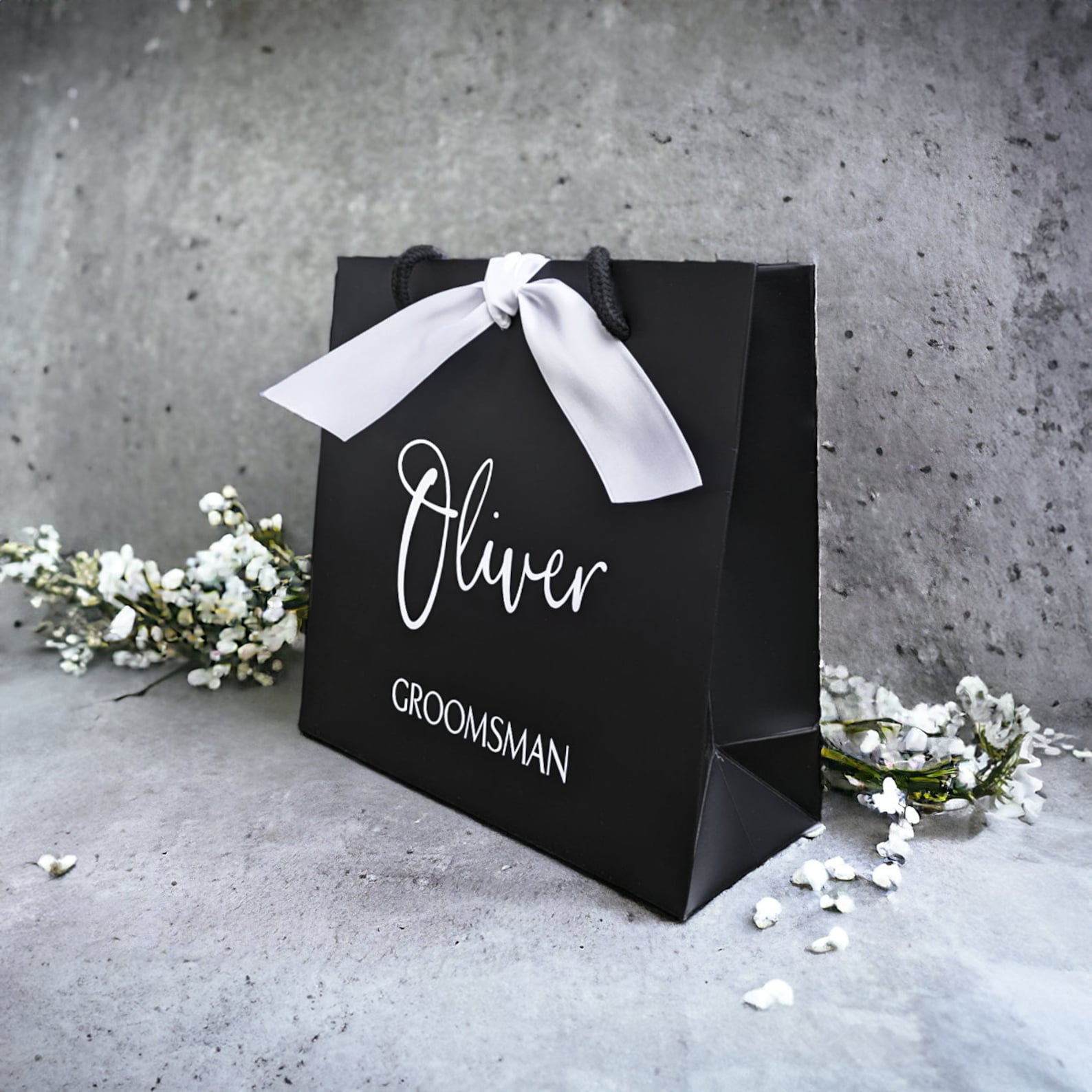 Personalised groomsman gift bag black with white ribbon small side view